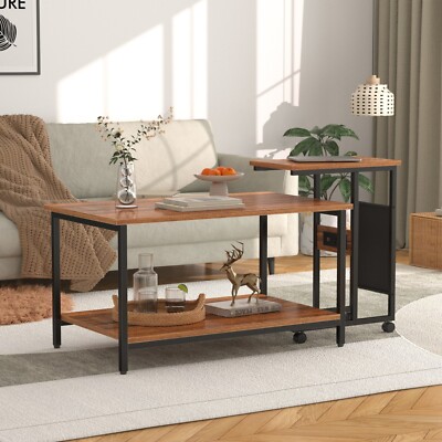 Set of 2 Adjustable Coffee Nesting Table with USB Port and Wheel for Living Room
