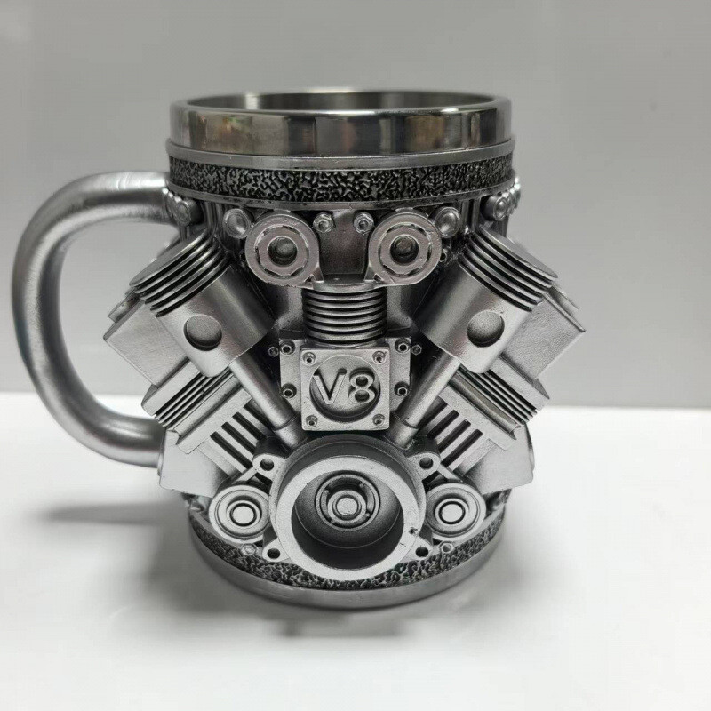 Tasse en acier inoxydable avec moteurs V8 et V6, 3D rétro punk personnalisée, motif moteurs V6 V8, tasse à café amusante antirouille pour les amateurs de voiture pour la maison, le studio