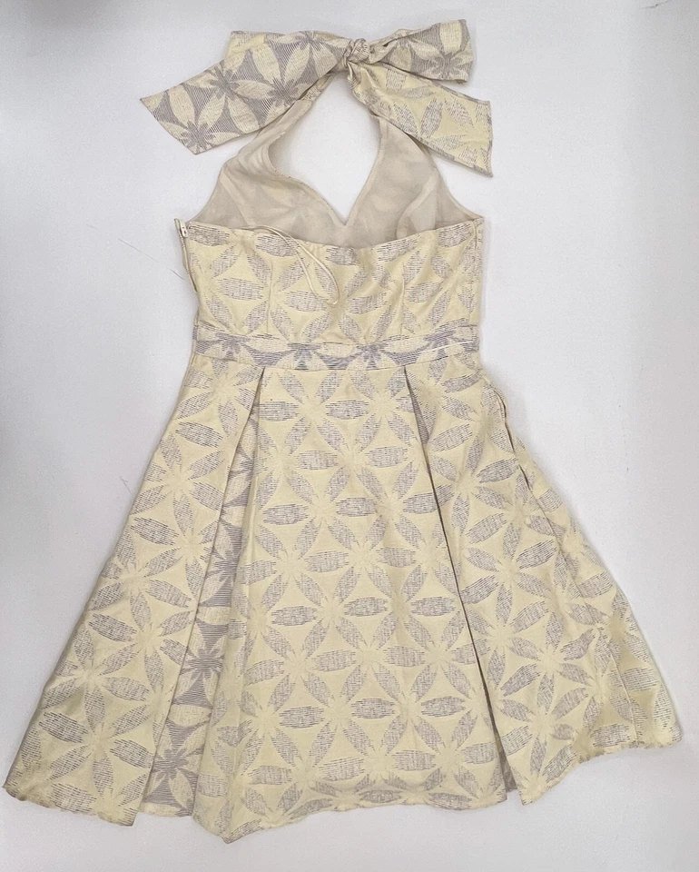 ModCloth Dress Womens Small Ivory Halter Top Fit Flare Brocade Pockets Open Back - Image 2 of 4