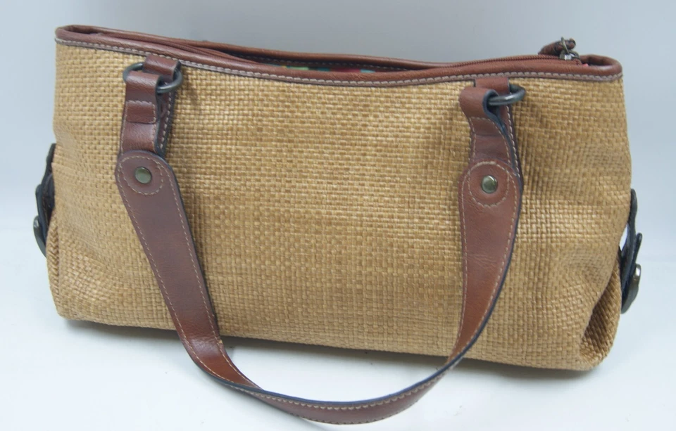 Vintage Fossil Key Per Handbag Women's Brown Straw Leather Shoulder Hobo Bag - Imagem 2 de 4