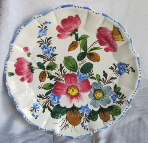 Old Hand Painted Italian Floral Pottery Serving Tray Platter Round Chop Plate - Picture 1 of 3