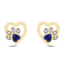 Cat Puppy Paw Print Stud Earrings Simulated Birthstone 14K Yellow Gold Plated