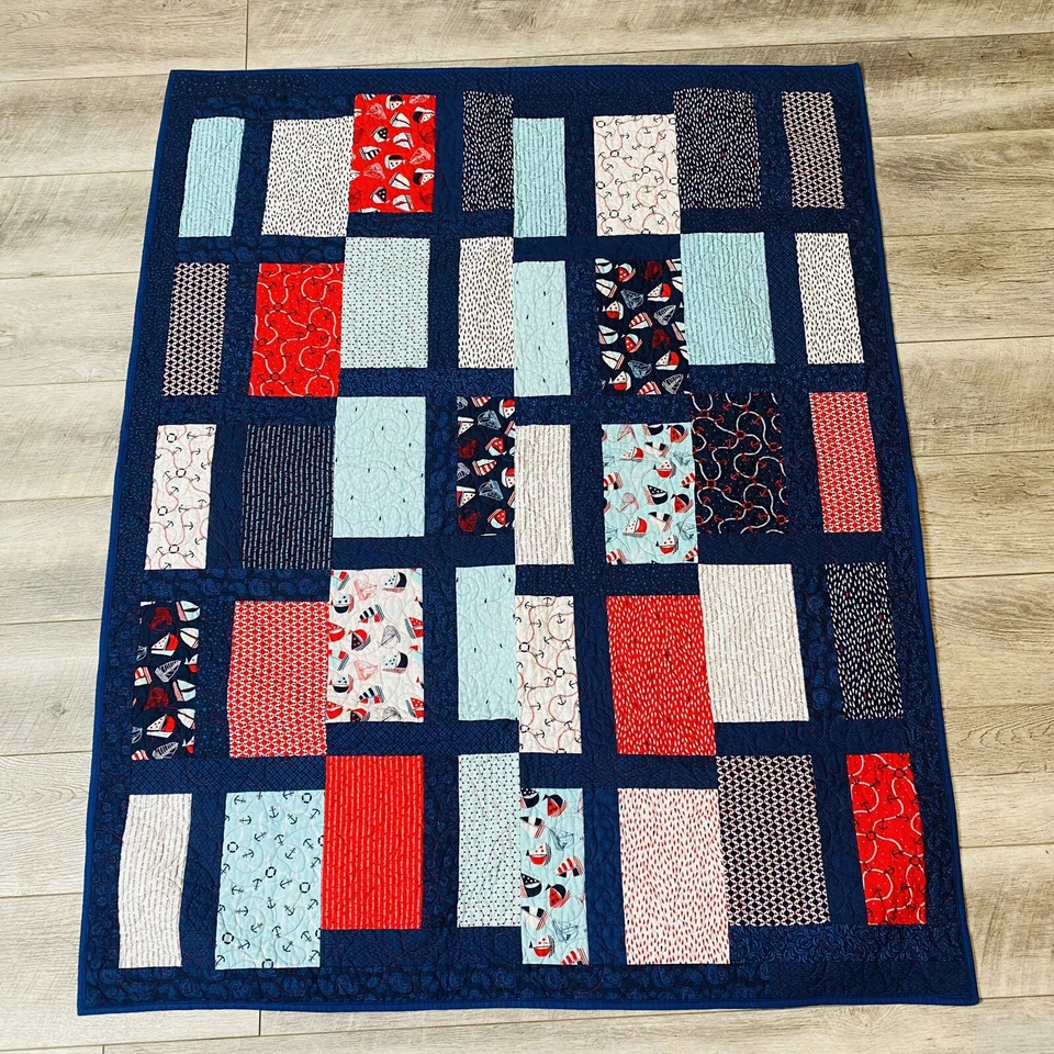 Edredón Azul Velero Veleros Barco Hecho a Mano Doble Lado Cuna Guardería Manta Foto 2 de 4