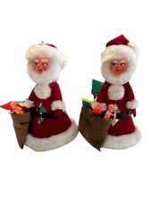 Two Retro vintage Santa Claus Ornaments Plastic Face With Bag Of Toys 1960  s