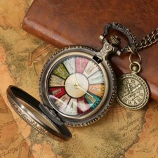 Antique Colorful Roman Numeral Dial Quartz Pocket Watch Necklace Gift Men Women