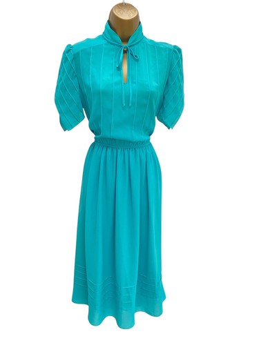 Vintage Parigi Dress Turquoise Blue Size 8 Chiffon with Under layer Short Sleeve - Picture 2 of 11
