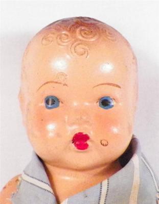 Vintage Composition Baby Doll in Blue Striped Romper 10in. As Is Condition