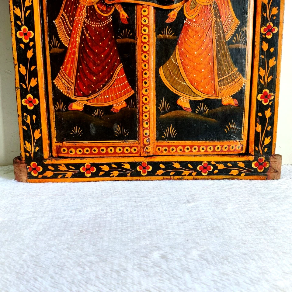 Vintage Main Peint 2 Tribal Femme Danse Architectural Rare en Bois Fenêtre W153 - Photo 4/4