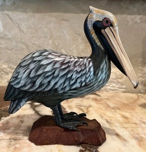 Wooden Pelican ! Very Realistic Glass Eyes Beach Decor !