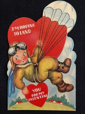 Valentine Card  I m Hoping to Land You  Boy Pilot Parachute Die Cut Plane Vtg
