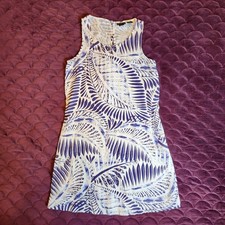Tahari Womens 100% linen Sleeveless Flare Dress Leaf Print White Blue Size XS