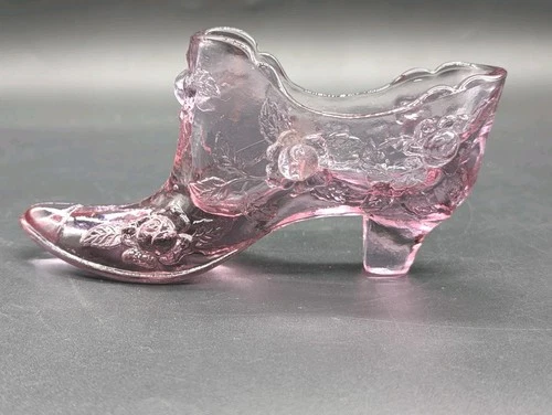 Fenton Art Glass Dusty Rose Pink Glass Roses Shoe Slipper Boot Figurine
