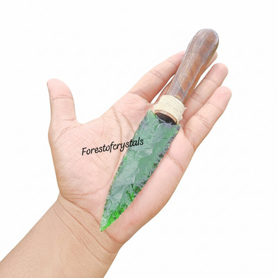 8 Inch Green Obsidian Arrowhead with Wood Handle Handmade Flint Knapped Knife