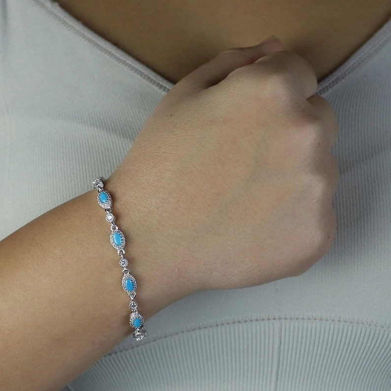Women Dainty Oval Silver Oval Turquoise Tennis Bracelet - Image 3 of 4