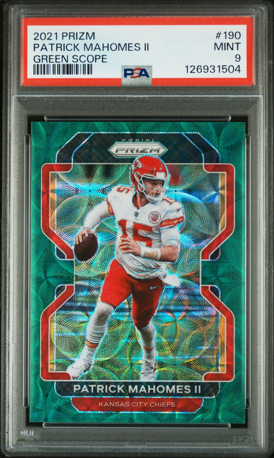 2021 PANINI PRIZM GREEN SCOPE #190 PATRICK MAHOMES II 34/75 PSA 9