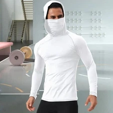 Mens Hooded Compression Long Sleeve T-shirt for Cycling Outdoor Sports Top Shirt