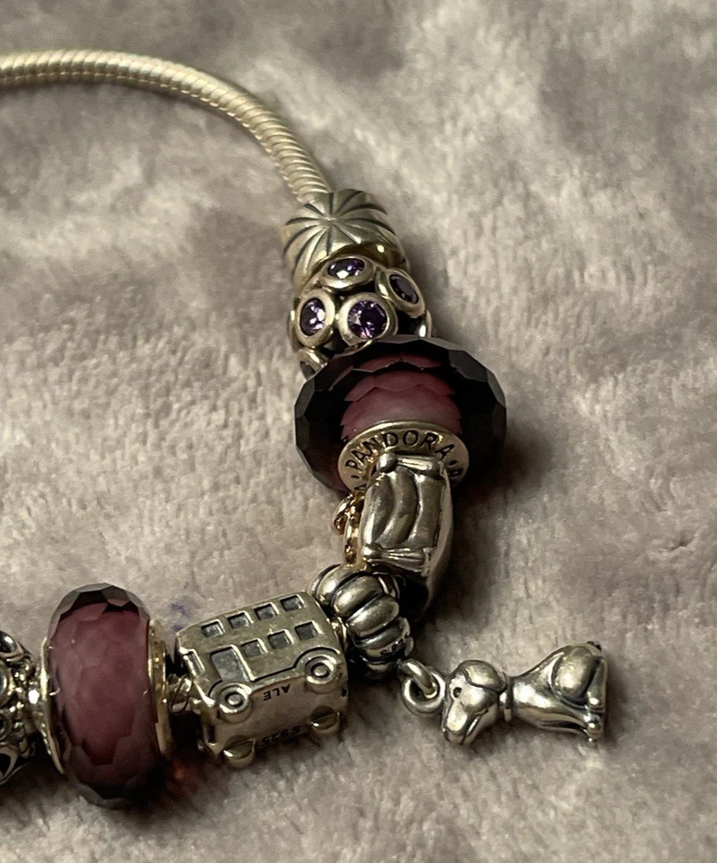 Pandora 925 Bracelet w 9 RETIRED Charms 14K Wedding Rings Tourism Bus Dog Hearts - Image 3 of 4