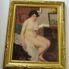 Louis Francois Biloul OIL PAINTING ANTIQUE WOMAN FEMALE MODEL ART DECO Large