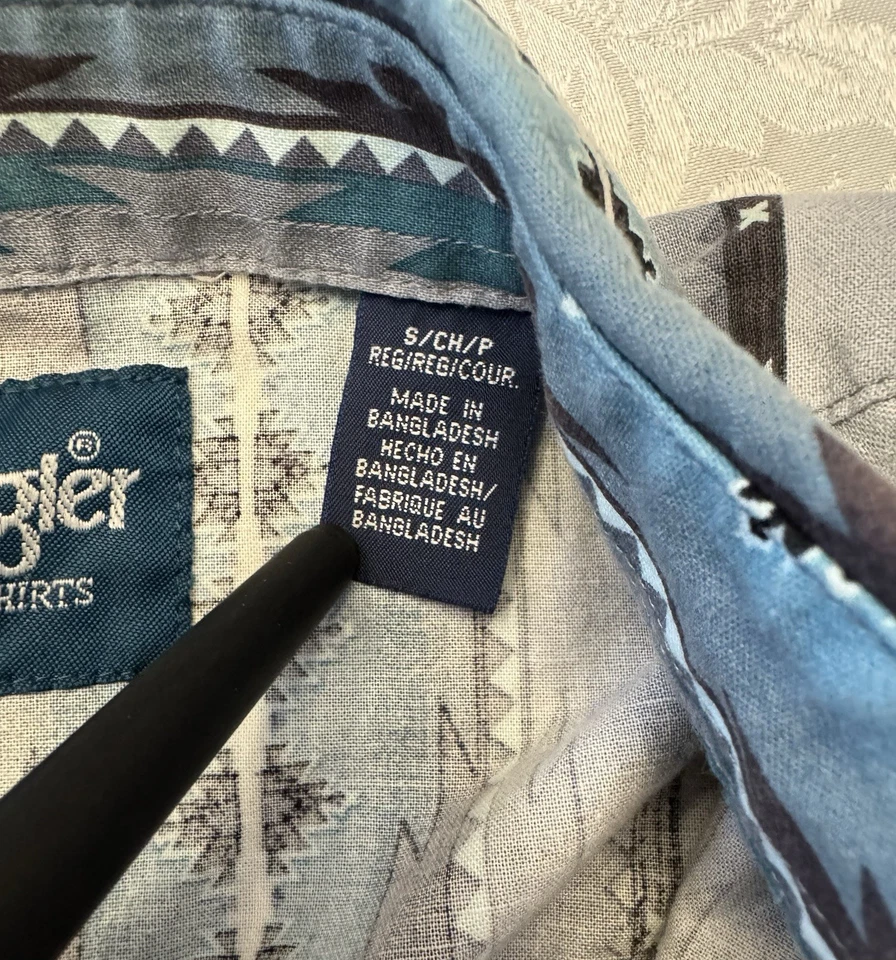 Camisa Azteca Vintage Wrangler Talla Pequeña Brushpopper Perla Occidental A Presión Gris Azul Foto 4 de 4