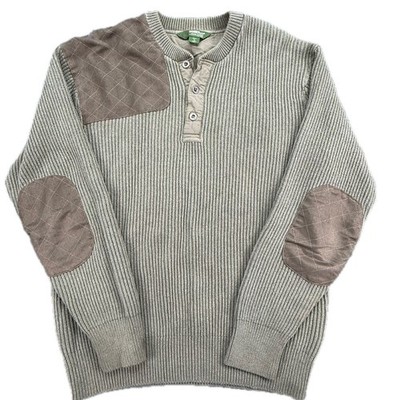 Gander Mountain Henley Sweater Mens M Green Ribbed Knit Shooting Elbow Patches