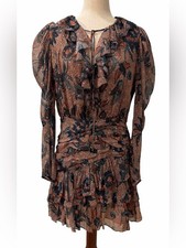 Ulla Johnson Cecily Coral Floral Silk Metallic Ruffle Mini Dress