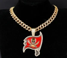 TAMPA BAY BUCCANEERS GEM NECKLACE Gold Bling NFL Football Pendant & 24" Chain