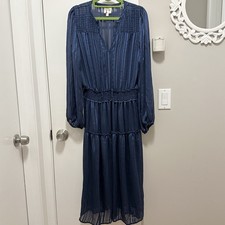 Anthropologie Fig and Flower Blue  Metallic Long Sleeve Tier Midi Dress Size M