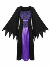 Women  s Witch Halloween Dress Costume Black Purple Long Sleeve Lace-Up Front