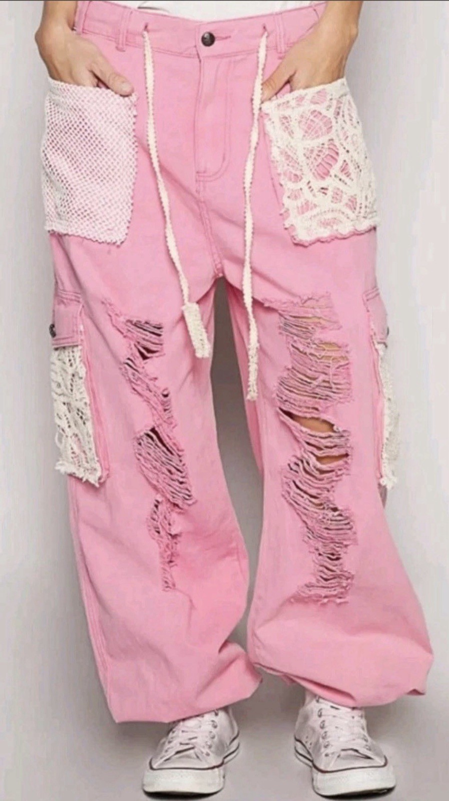 POL Crochet Lace Patchwork Distressed Drawstring … - image 1