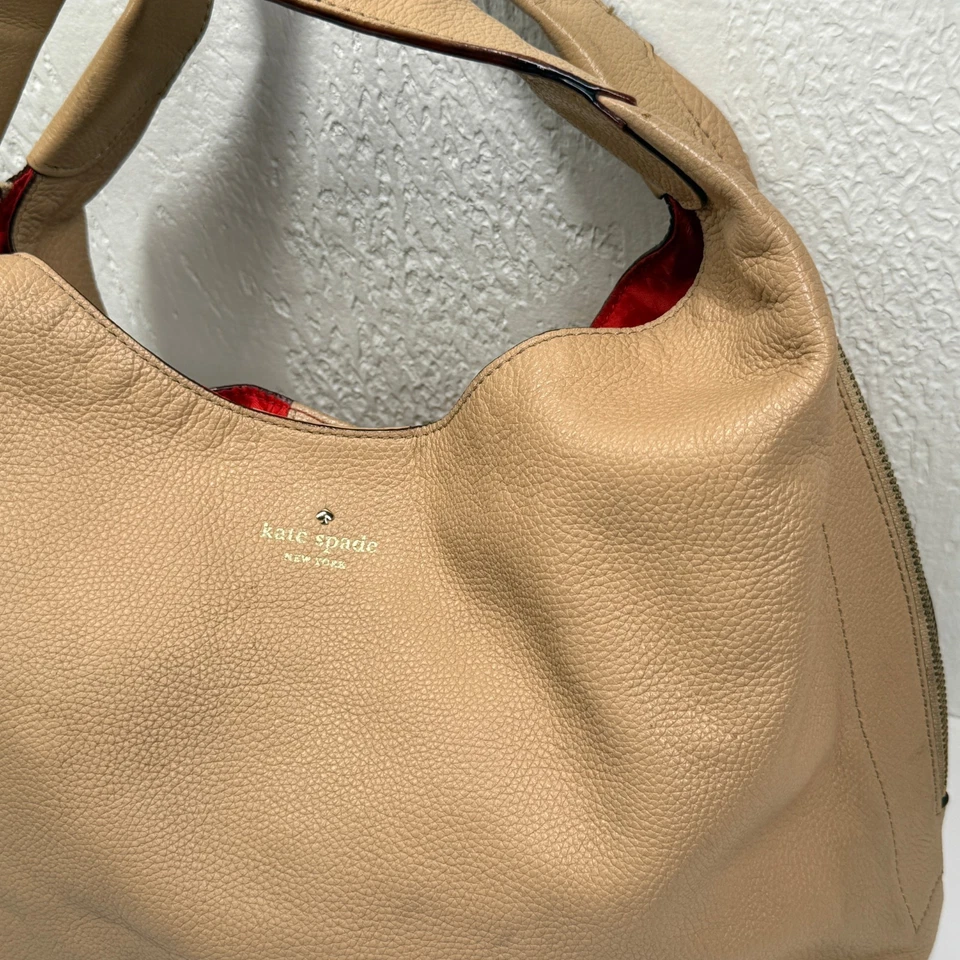 Bolso de Hombro Kate Spade Mansfield Juniper Hobo Cuero Beige Doble Cremallera Holgado Foto 3 de 4