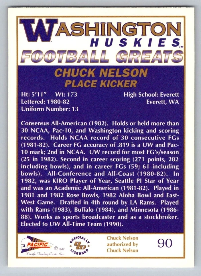 1992 Pacific Washington Huskies Football Greats - Chuck Nelson #90 - Image 2 of 2