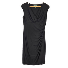 Lauren Ralph Lauren Black Faux Wrap Dress 8 Sleeveless Ruched V-Neck Jersey LBD