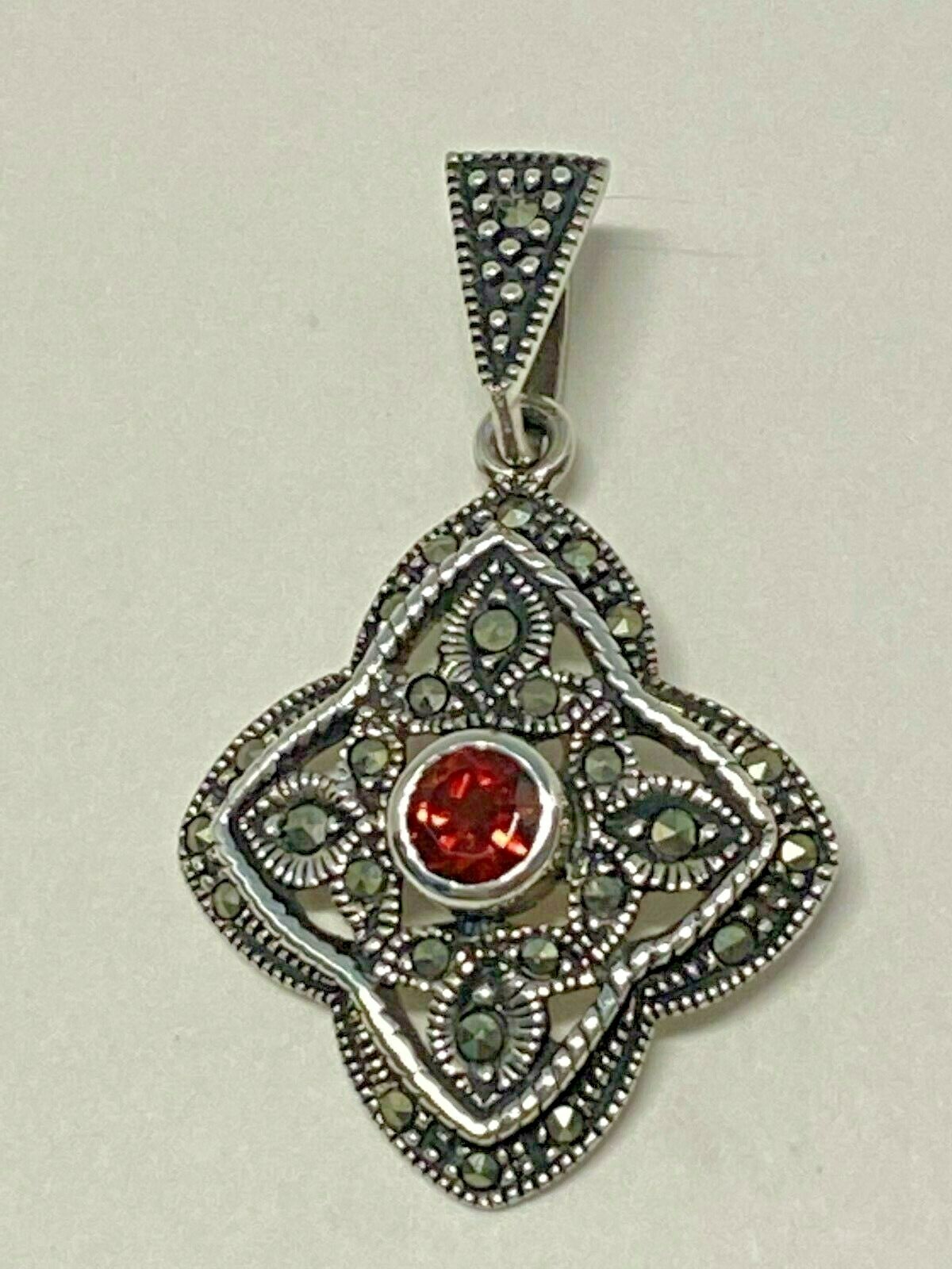 925 Sterling Silver Marcasite Pendant • Ruby‑Red … - image 1
