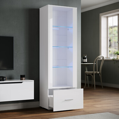 Vitrine mit LED Mehrzweckschrank Standregal Vitrinenschrank Weiß Hochglanz 172cm