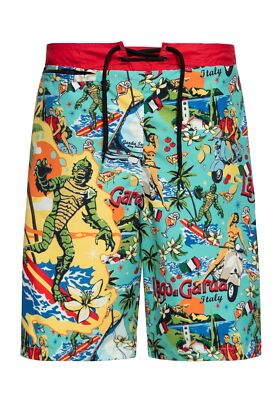 KING KEROSIN Herren Badeshorts mit Artwork-Print Il Mostro Del Lago Di Garda