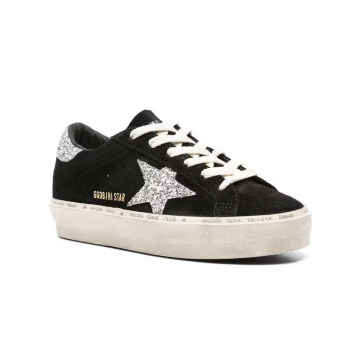 Golden Goose Hi Star Sneaker Black Suede Silver Glitter NIB Auth 