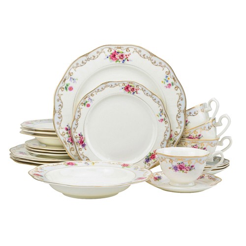 Perlaceo Geschirrset Aus Knochenporzellan - 24-teilig, Weiß Mit Goldrand, Für 4/8 Personen, Inkl. Teller & Schalen
