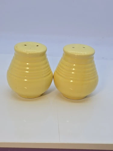 Pale Yellow Pottery Salt & Pepper Shakers. Horizontal Rings. Bauer/Fiesta Style