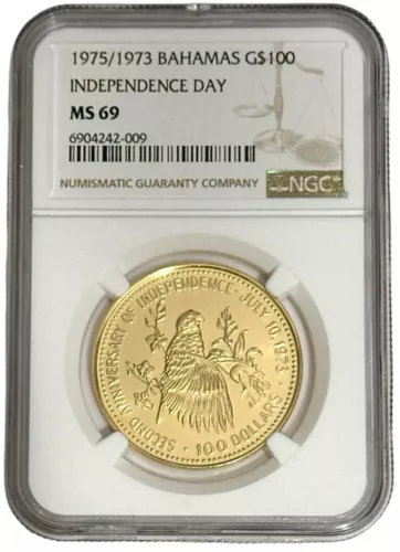 1975/73 Bahamas Gold $100 Parrot Independence Day 0.2894 oz Coin NGC MS 69