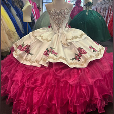 Hot Pink Mexican Quinceanera Dress Ruffles with Bow Floral Sweetheart Ball Gowns