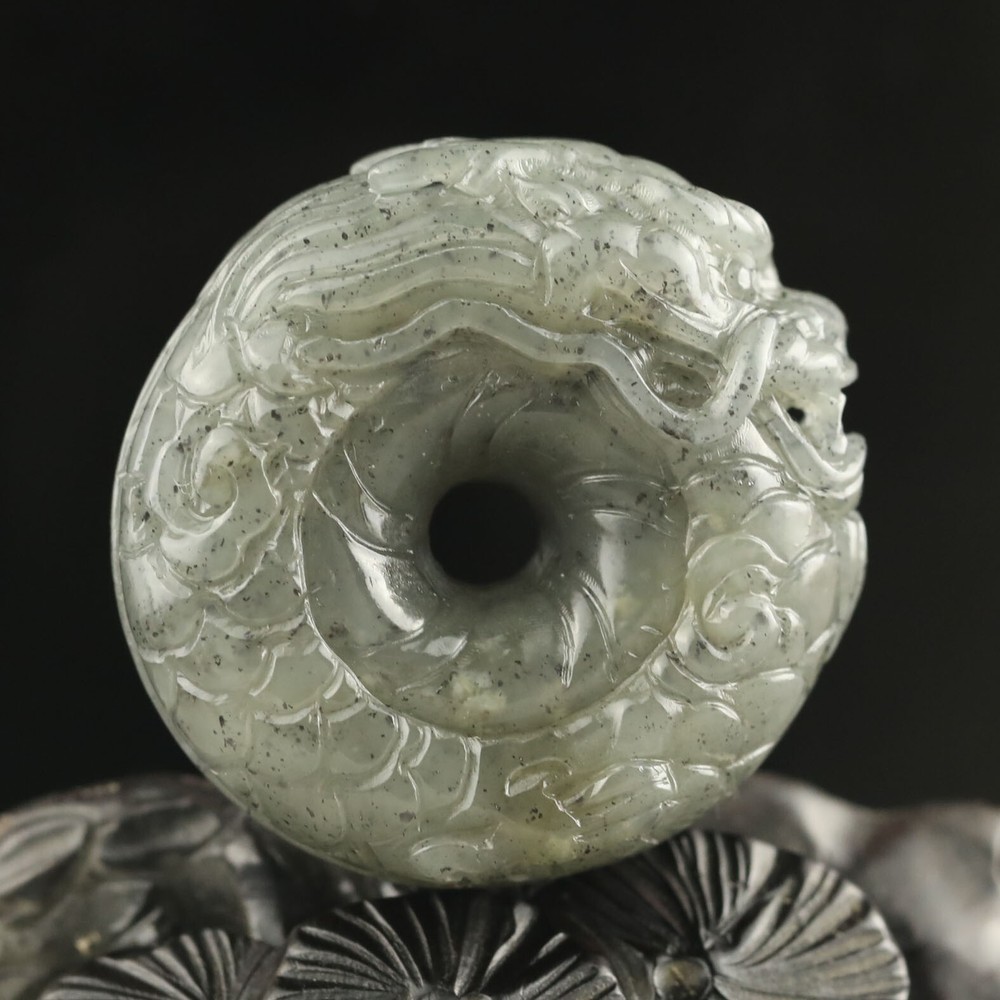 China Natural hetian green Jade Hand Carved Statue dragon loong ring pendant h