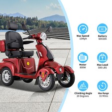 4 Wheel Heavy Duty Seniors Mobility Scooter 800W Powered 500lb 31Miles Range
