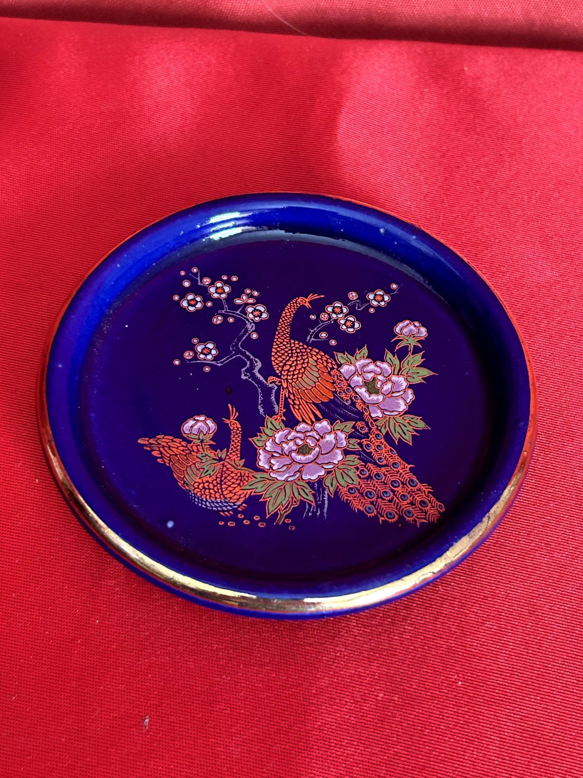 Posavasos de porcelana vintage con borde dorado pavo real azul cobalto 3,5