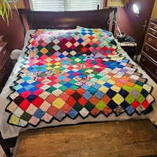 Vintage Hand-Crocheted Granny Square Afghan Blanket – 90” x 67” Perfect Cond.