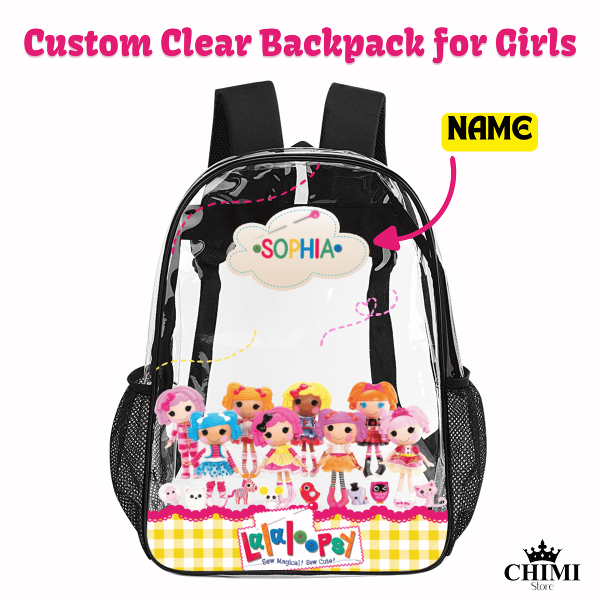 Custom Lalaloopsy Clear Backpack for Girls – Name Front – Cute School Bag
