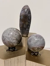 Ocean Jasper 3 Piece Set - Freeform & 2 Spheres w/holders 59mm, 63mm