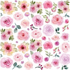 Floral Wall Decals Peel and Stick  60PCS Watercolor Peony Flower  Leaves St...