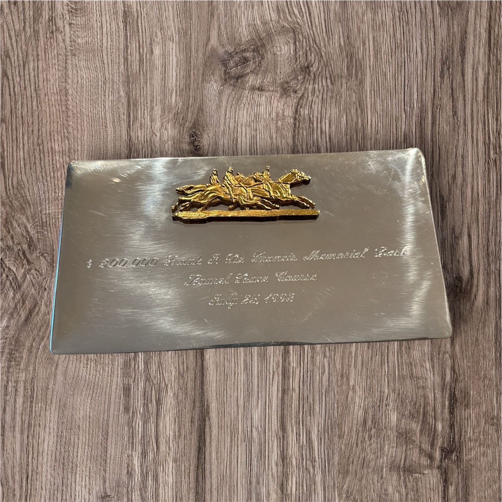 KIRK STIEFF PEWTER COMMEMORATIVE PLAQUE TO FRANK J. DE FRANCIS MEMORIAL DASH.