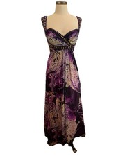 Tony Bowls Y2K Sz 6 Purple Beaded Paisley Empire Waist Maxi Formal Evening Dress