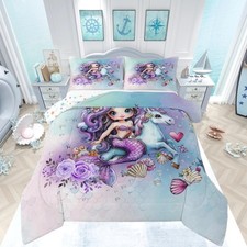 Mermaid Comforter Set Twin Size Kids Magical Unicorn Bedding Set for Boys Gir...